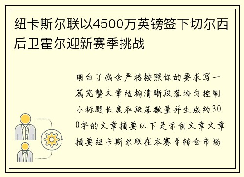 纽卡斯尔联以4500万英镑签下切尔西后卫霍尔迎新赛季挑战