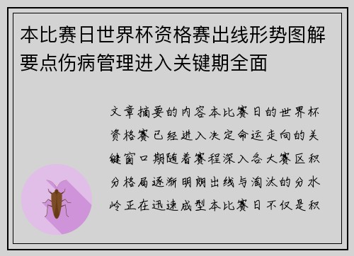本比赛日世界杯资格赛出线形势图解要点伤病管理进入关键期全面 本比赛日世界杯资格赛出线形势图解要点伤病管理进入关键期全面